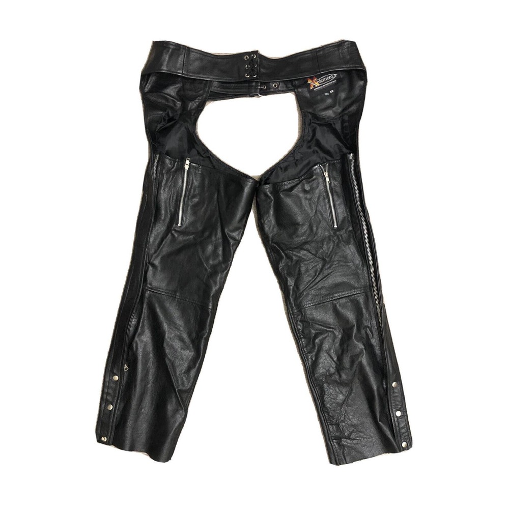 Xelement Advanced Men's Black Leather Motorcycle Chaps Pants Size 48 Zip Out